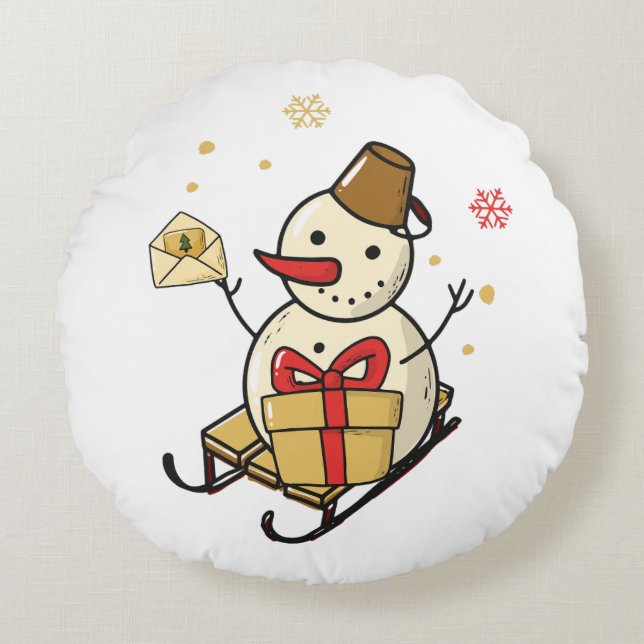 Niedlicher Schneemann auf Schlitten Rundes Kissen (Vorderseite)
