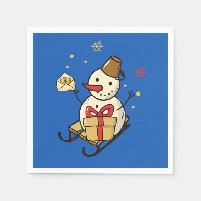 Niedlicher Schneemann auf Schlitten Serviette (Vorderseite)