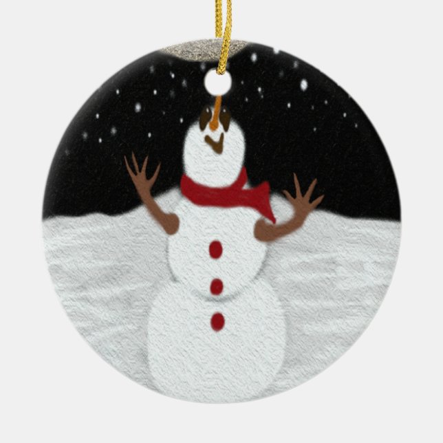 Niedlicher Schneemann, der die Mondmalerei genießt Keramikornament (Vorne)