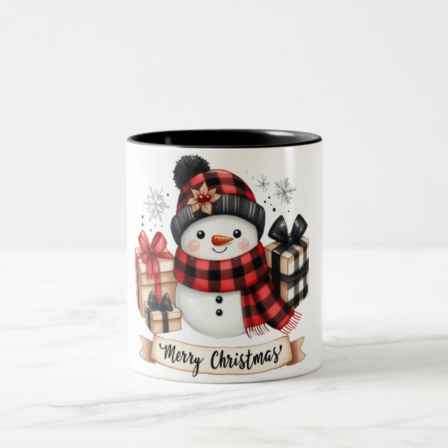 Niedlicher Schneemann / Frohe Weihnachten Zweifarbige Tasse (Mittel)