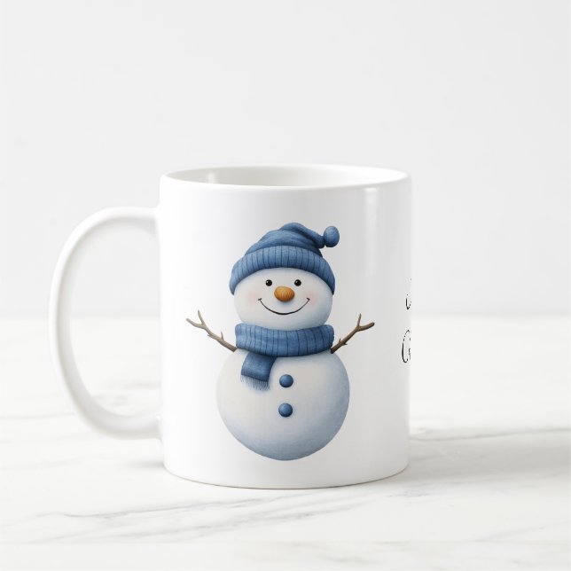 Niedlicher Schneemann in Blue Scarf und Strick Bea Kaffeetasse (Links)