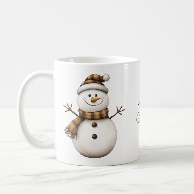 Niedlicher Schneemann in Brown Kariert Scarf Kaffe Kaffeetasse (Links)