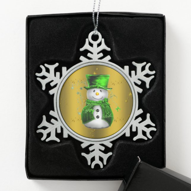Niedlicher Schneemann in grüner Velvet Schneeflocken Zinn-Ornament (Box)