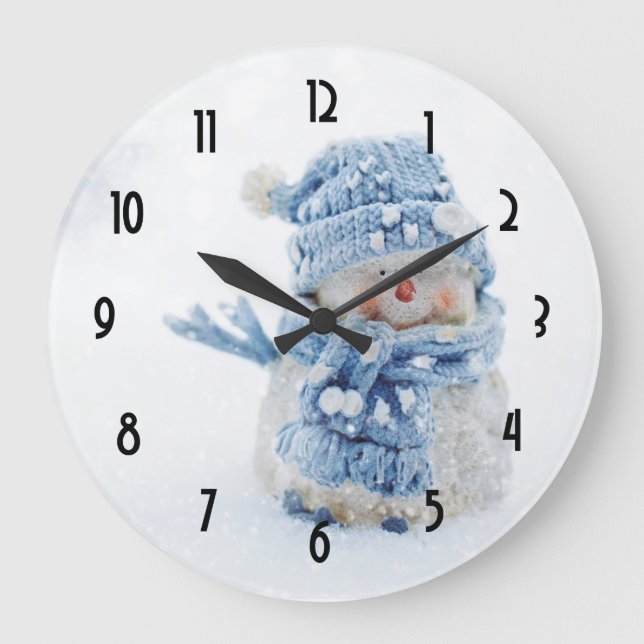 Niedlicher Schneemann in Winterfotografie Weihnach Große Wanduhr (Vorderseite)