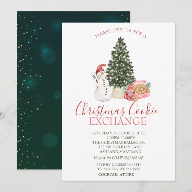 Niedlicher Schneemann, Kiefernbaum, Kekse Einladung (Vorne/Hinten)