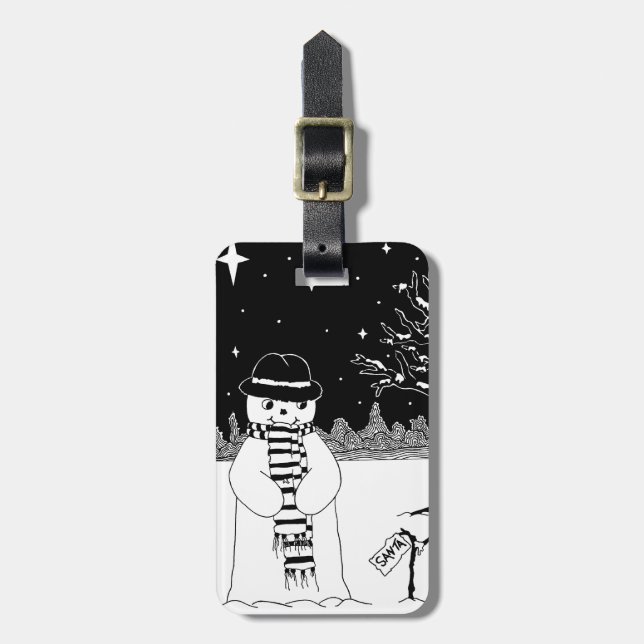 Niedlicher Schneemann lächelt die Schneeszene zu W Gepäckanhänger (Vorderseite vertikal)