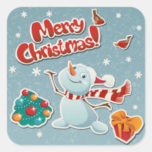 Niedlicher Schneemann mit Geschenken, Weihnachtsba Quadratischer Aufkleber