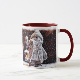 Niedlicher Schneemann mit Laterne im Schneefall Tasse