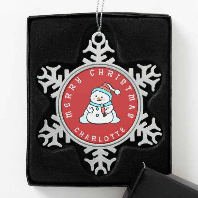 Niedlicher Schneemann mit Namen | Rot Schneeflocken Zinn-Ornament (Box)