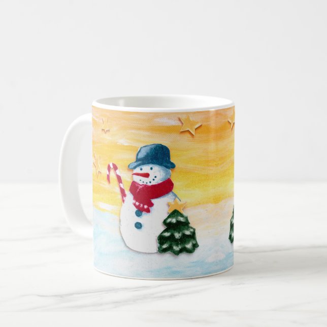 Niedlicher Schneemann mit Weihnachtsbaumstars Kind Kaffeetasse (Vorderseite Links)