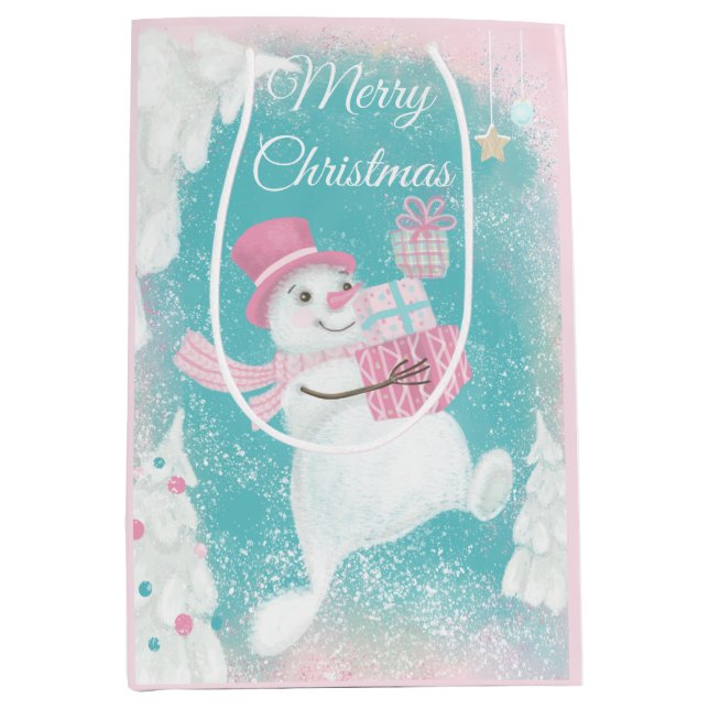 Niedlicher Schneemann Pink und Minze Weihnachten Mittlere Geschenktüte (Vorderseite)