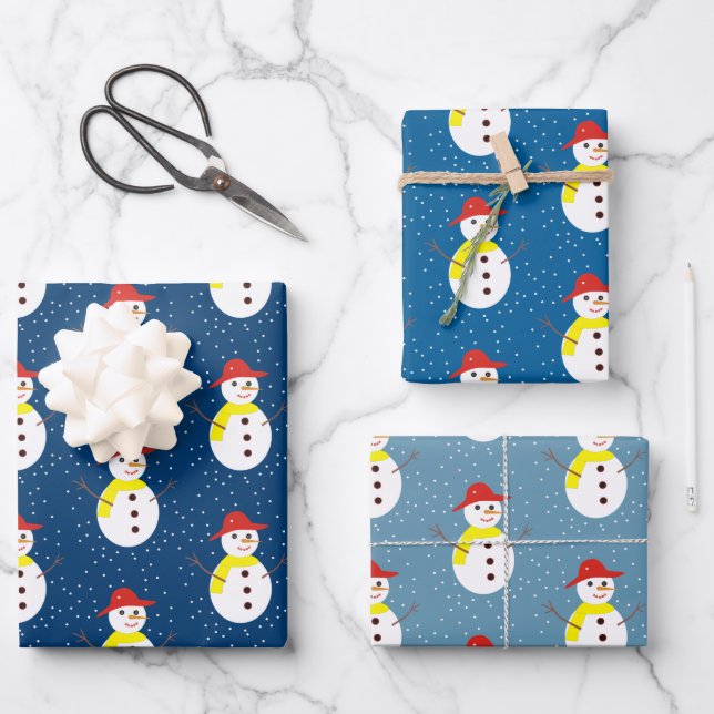 Niedlicher Schneemann und blauer Schnee Geschenkpapier Set (Vorderseite)