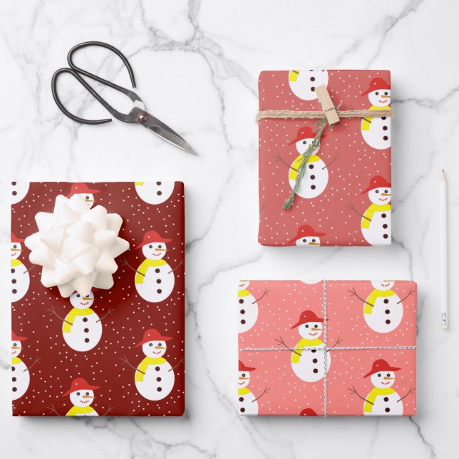 Niedlicher Schneemann und roter Schnee Geschenkpapier Set (Vorderseite)