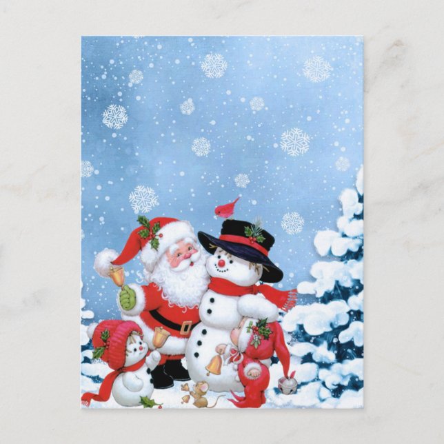 niedlicher Schneemann und Santa Postkarte (Vorderseite)