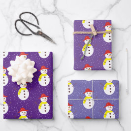 Niedlicher Schneemann und Schnee auf lila Geschenkpapier Set