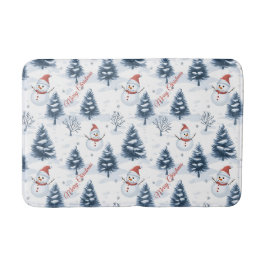 Niedlicher Schneemann und schneebedeckte Bäume fro Badematte