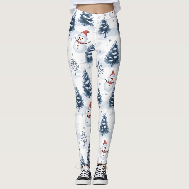 Niedlicher Schneemann und schneebedeckte Bäume Leggings (Vorderseite)