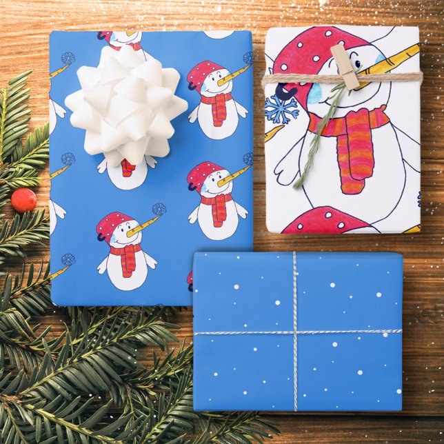 Niedlicher Schneemann und Schneeflockenmuster Kind Geschenkpapier Set (Von Creator hochgeladen)
