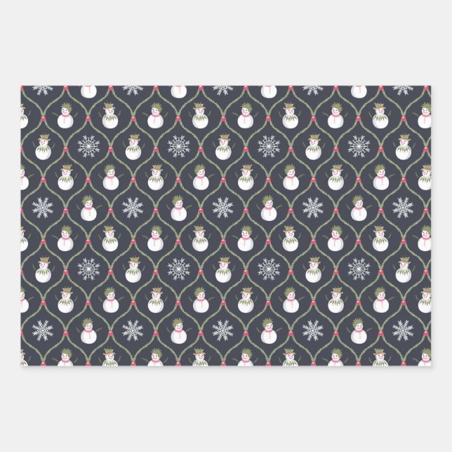 Niedlicher Schneemann verlasse Beeren Schneeflocke Geschenkpapier Set (Vorderseite)