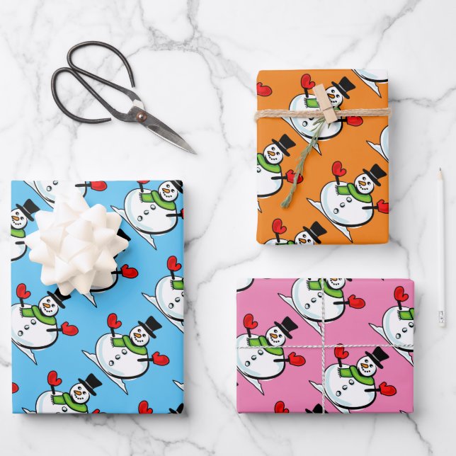 Niedlicher Schneemann Weihnachtsblatt Geschenkpapier Set (Vorderseite)