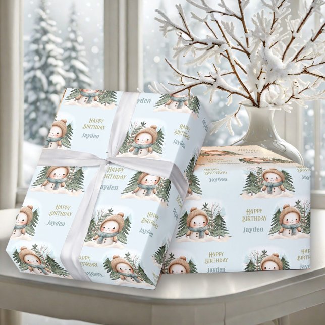 Niedlicher Schneemann Winter 1. Geburtstag Boy Nam Geschenkpapier (Cute Snowman Winter 1st Birthday Boy Name Blue Wrapping Paper)
