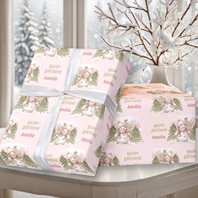 Niedlicher Schneemann Winter Vintag Pink Girl Name Geschenkpapier (Cute Snowman Winter Vintage Pink Girl Name Text Wrapping Paper)
