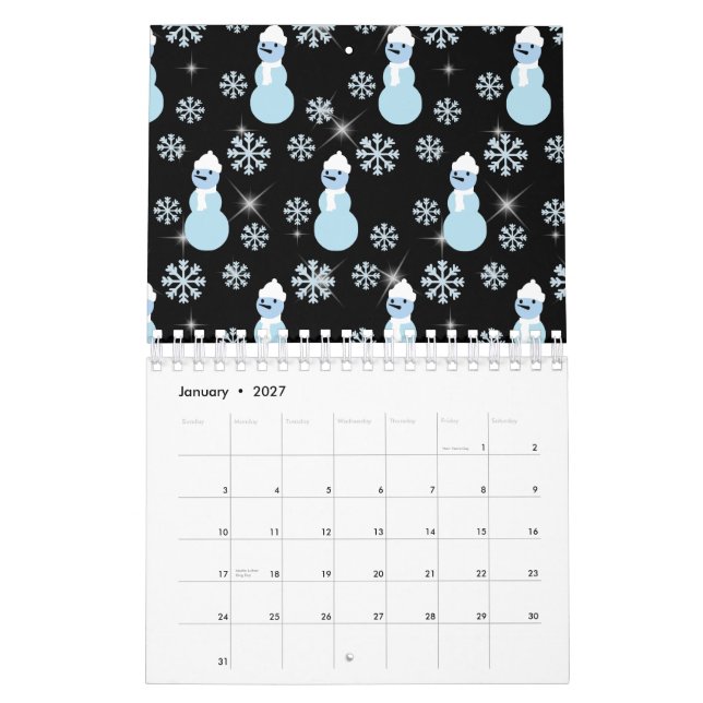 Niedlicher Schneemann Winterschneeflocken Glitzern Kalender (Jan 2027)
