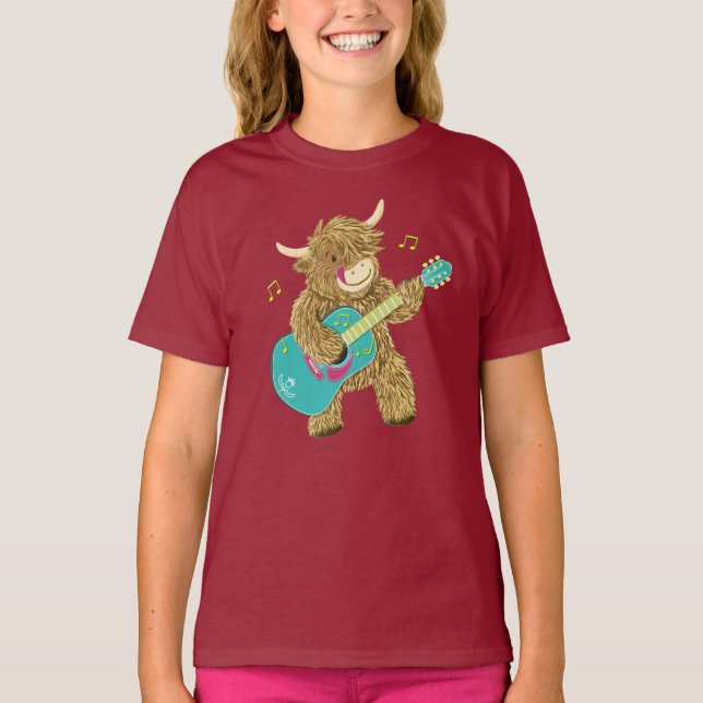 Niedlicher schottischer Highland Cow Plays Guitar  T-Shirt (Vorderseite)