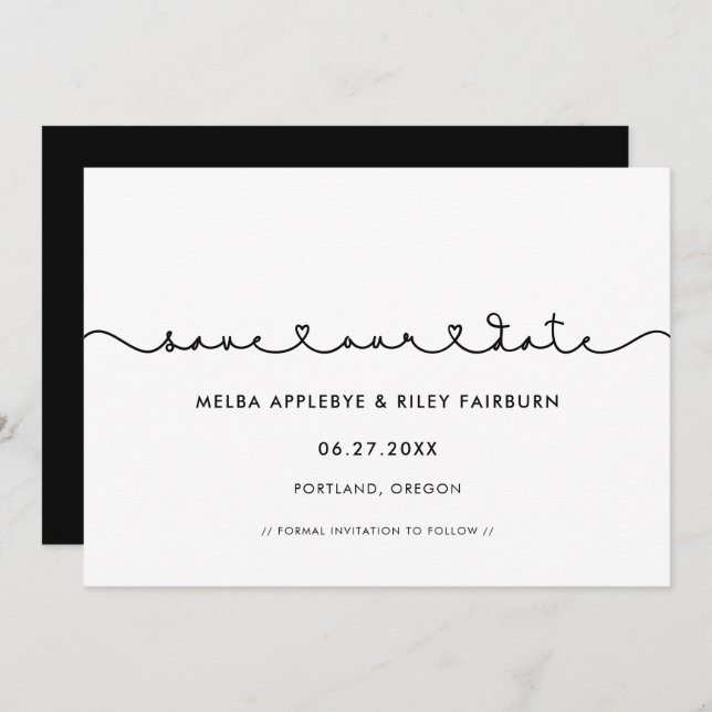 Niedlicher Schriftart mit Verbindungsherzen Rette  Save The Date (Vorne/Hinten)