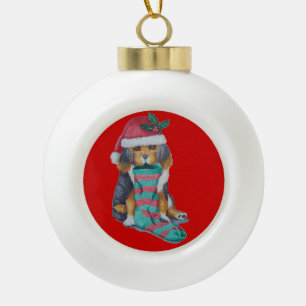 niedlicher Schwarz-Braun-Weihnachtswelpen Keramik Kugel-Ornament