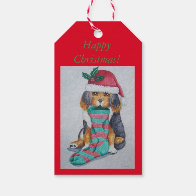 niedlicher, schwarz-brauner Welpe mit Weihnachtswe Geschenkanhänger (Vorderseite)