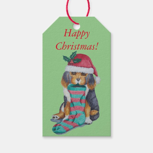 niedlicher, schwarz-brauner Welpe mit Weihnachtswe Geschenkanhänger (Vorderseite)