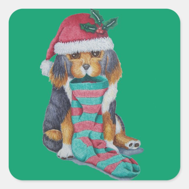 niedlicher, schwarz-brauner Welpe mit Weihnachtswe Quadratischer Aufkleber (Vorderseite)