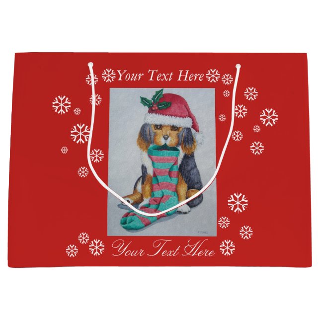 niedlicher, schwarz-brauner Welpe, zu Weihnachten  Große Geschenktüte (Vorderseite)