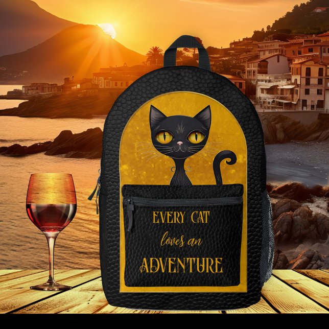 Niedlicher Schwarz-Katzenleder-Look Bedruckter Rucksack (Funny cat backpack featuring a cute black kitty with an ocher pattern on black leather (printed))