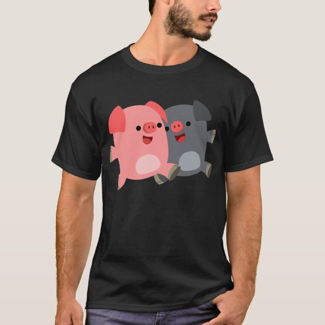 Niedlicher Schwarz-Weiß-Cartoon Schweine T - Shirt (Vorderseite)