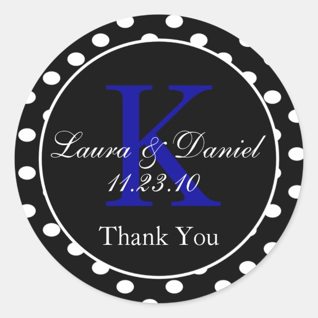 Niedlicher Schwarz-weißer Blue Polka Dots Monogram Runder Aufkleber (Vorderseite)