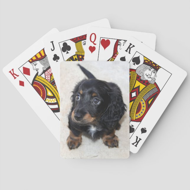 Niedlicher schwarzer Dackel Welpenhund Spielkarten (Rückseite)
