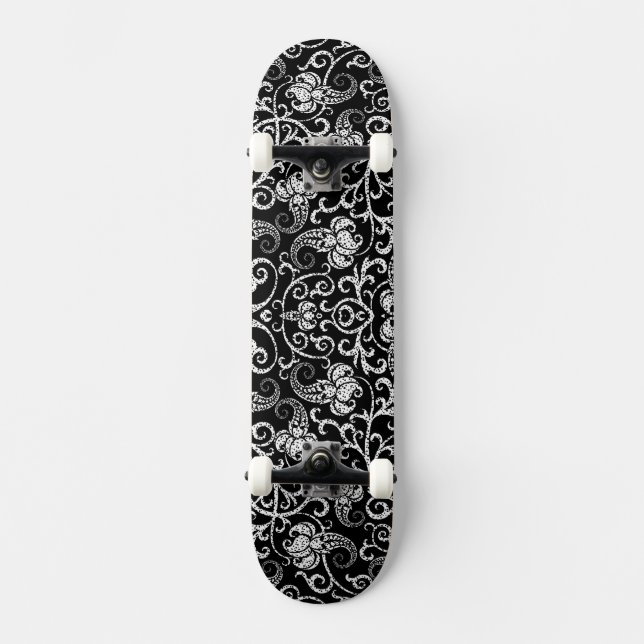 Niedlicher schwarzer dalmatinischer Blume Skateboard (Vorderseite)