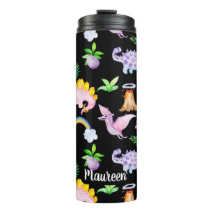 Niedlicher Schwarzer Dinosaurier Regenbogen Wasser Thermosbecher