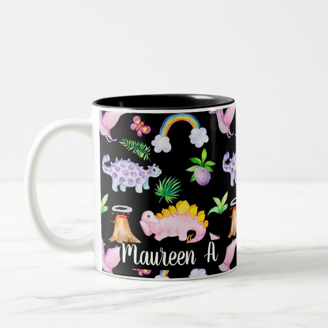 Niedlicher Schwarzer Dinosaurier Regenbogen Wasser Zweifarbige Tasse (Links)