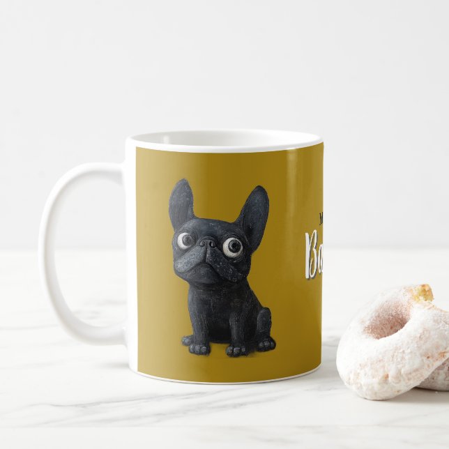 Niedlicher Schwarzer Frenchie-Senf Gelber Hund Kaffeetasse (Mit Donut)