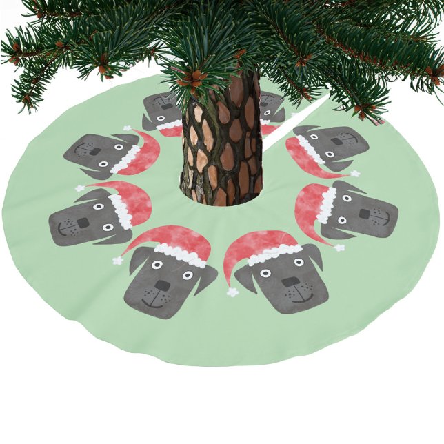 Niedlicher Schwarzer Hund in Weihnachtsmannmütze Polyester Weihnachtsbaumdecke (Fun black dogs in Santa hats festive Christmas tree skirt for animal and pet lovers)