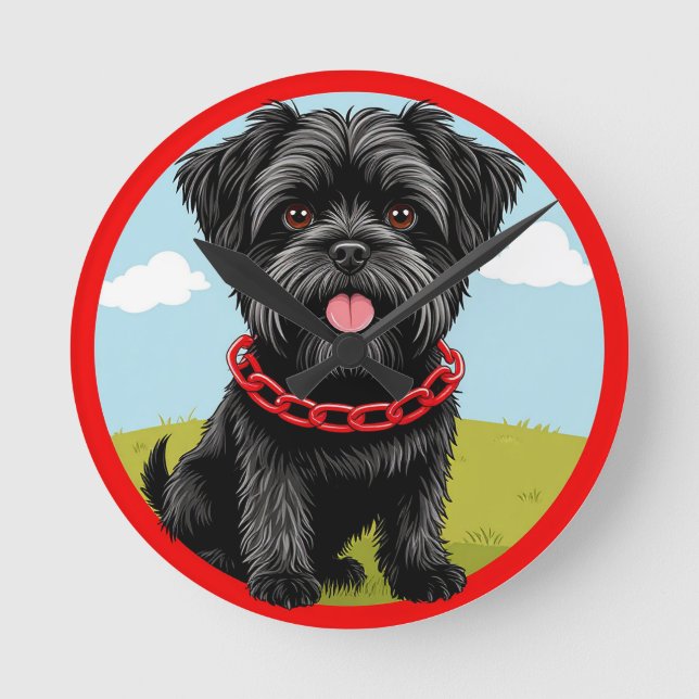 Niedlicher schwarzer Hund mit rotem Kollar im Cart Runde Wanduhr (Vorderseite)