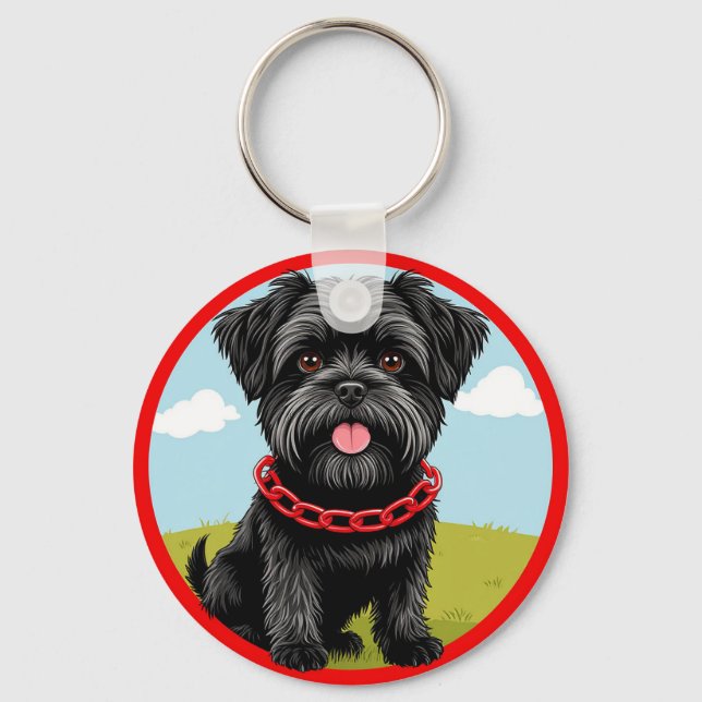 Niedlicher schwarzer Hund mit rotem Kollar im Cart Schlüsselanhänger (Vorderseite)
