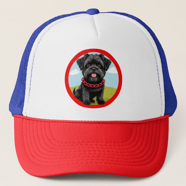 Niedlicher schwarzer Hund mit rotem Kollar im Cart Truckerkappe (Vorderseite)
