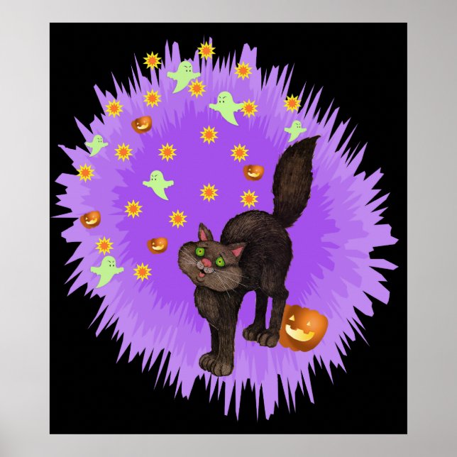 Niedlicher Schwarzer Katze Halloween Lila Star Bur Poster (Vorne)