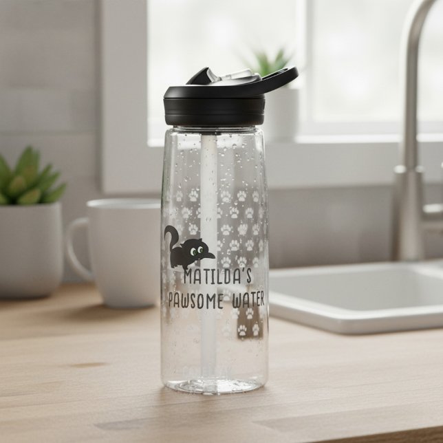 Niedlicher schwarzer Katze Name Pawsome Water Flas Trinkflasche (A pawsome water bottle for your pawsome water. Just add your name)