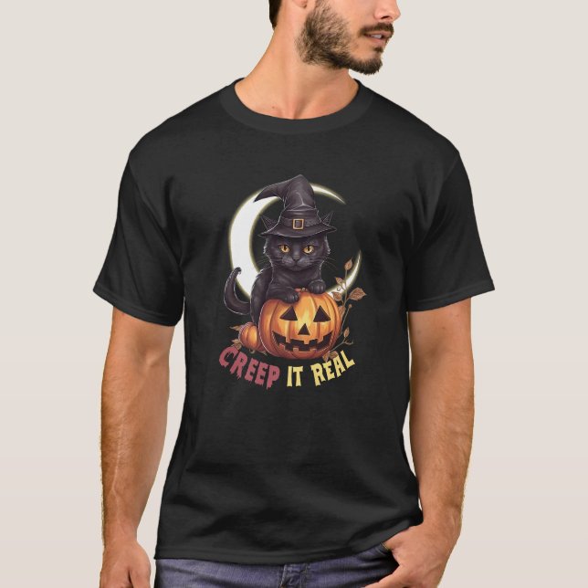 Niedlicher schwarzer Katzenkürbis creep It Real Cr T-Shirt (Vorderseite)