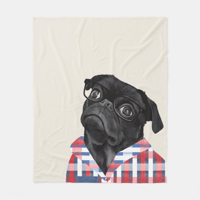 Niedlicher Schwarzer Mops Hund mit Brille und Karo Fleecedecke (Vorderseite)